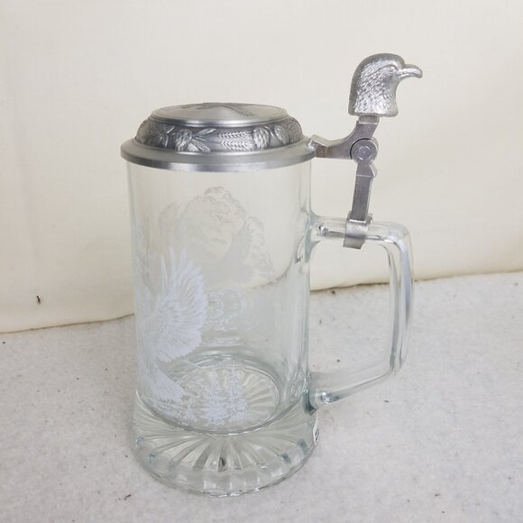 Bald Eagle Beer‎ Stein Mug Etched Glass Pewter Domex Germany Vintage - Picture 1 of 10